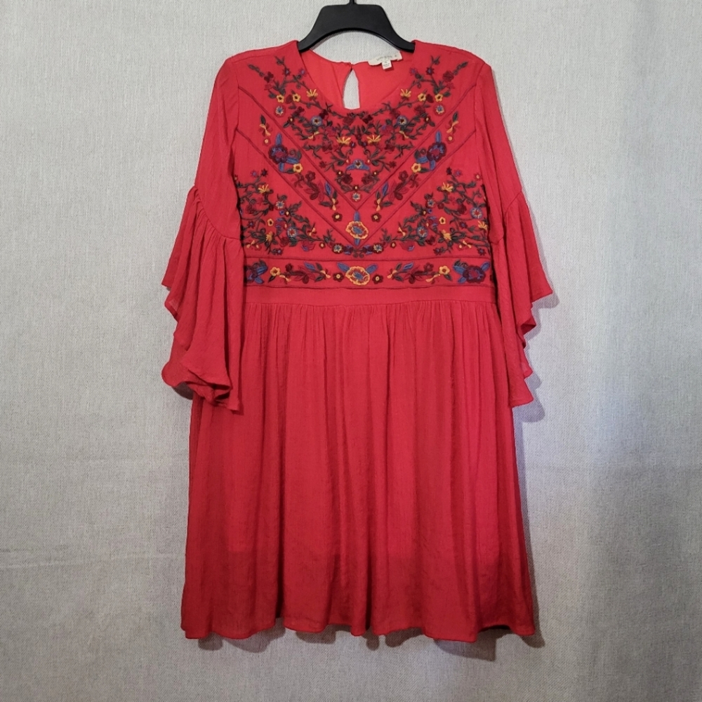 Umgee USA Embroidered Red Flare Sleeve Short Dress